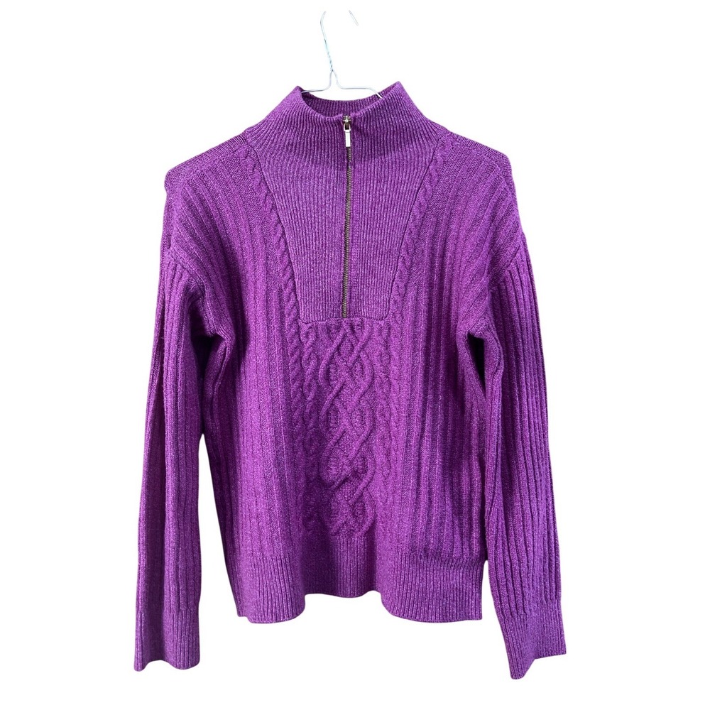 St. John's Bay Sweater Womens S Purple‎ Quarter Zip Cable Knit Ribbed Mock Neck